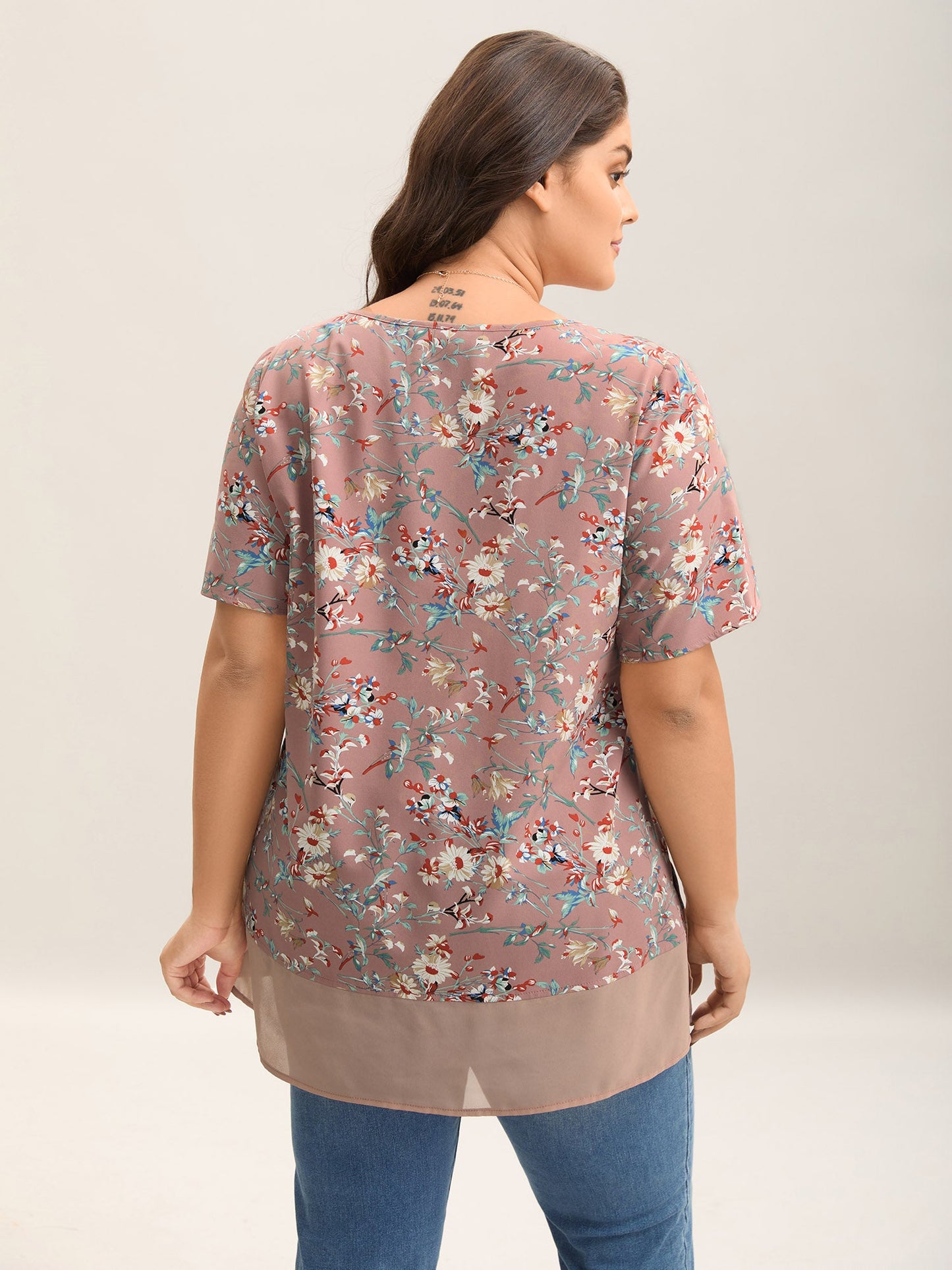 Garden Print Spliced V-Neck Blouse