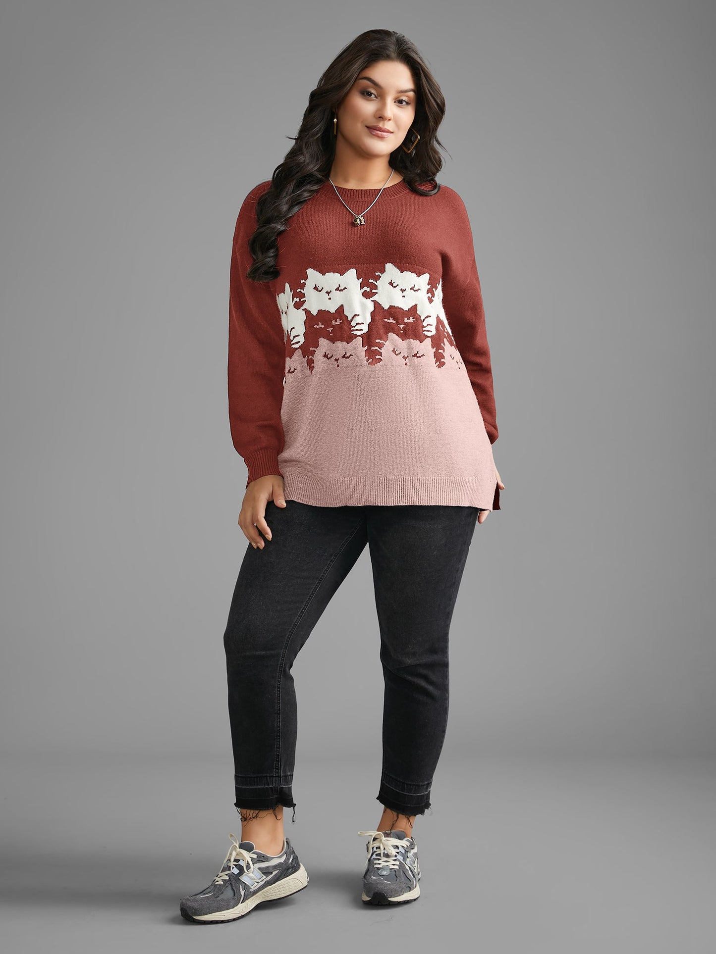 Cat Contrast Drop Shoulder Pullover