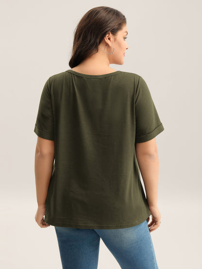 Solid Split Neck Button Detail T-Shirt