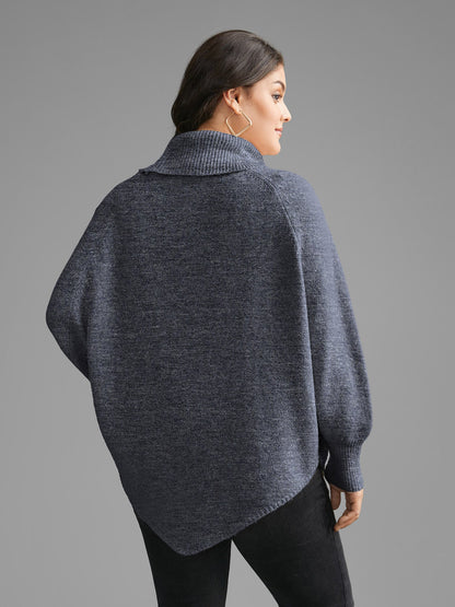 Turtleneck Cable Knit Asymmetrical Hem Pullover