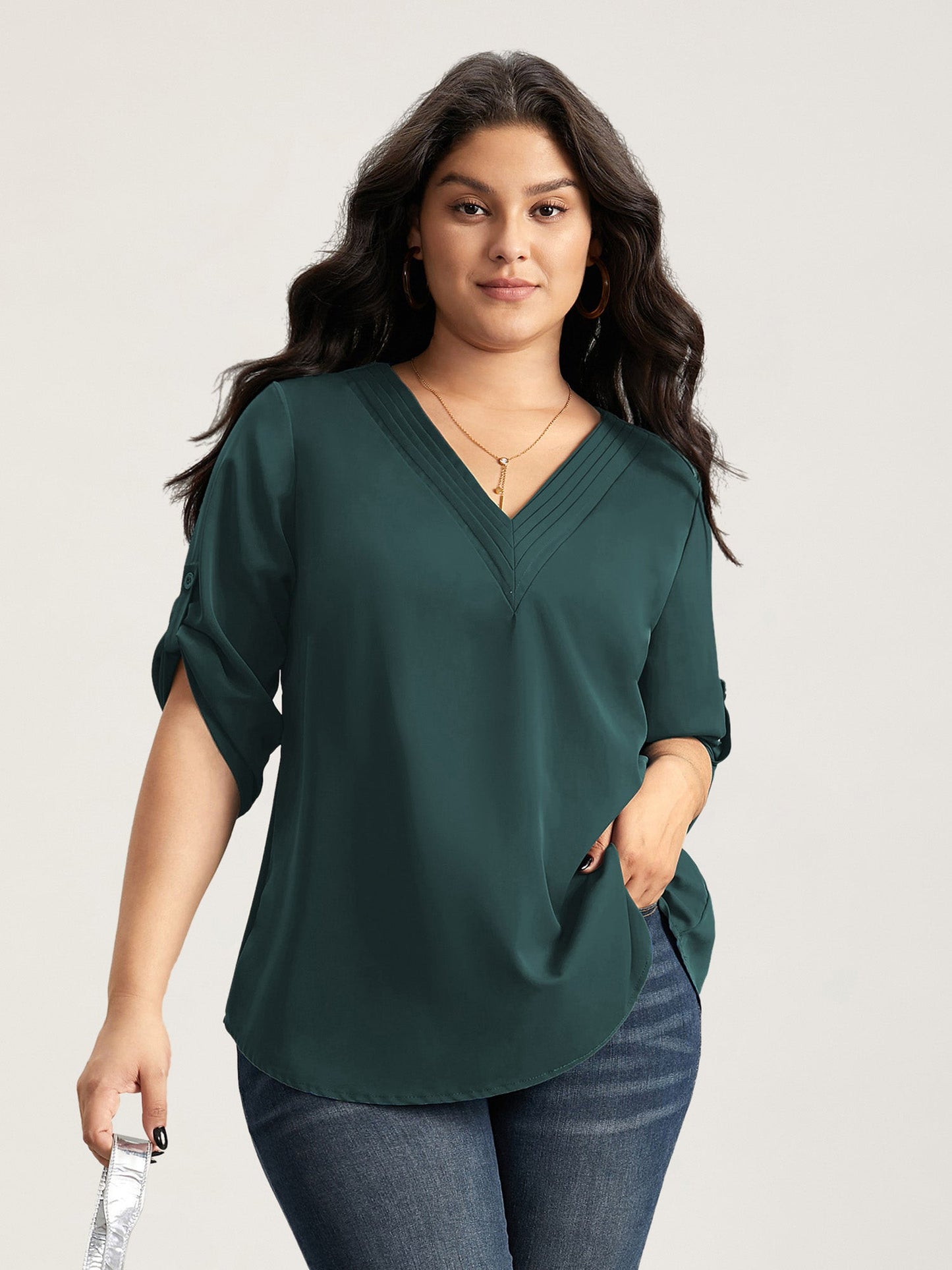 V Neck Plain Pleated Tab Sleeve Blouse