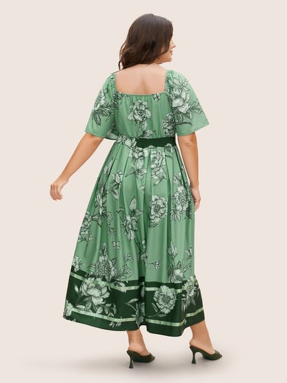 Boho Print Heart Neckline Ruffle Sleeve Maxi Dress