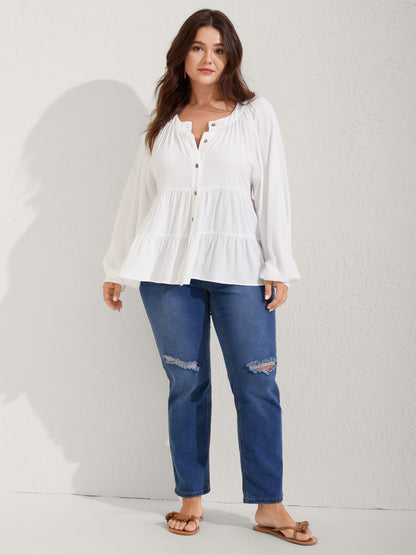 Tiered Button Placket Puffy Sleeve Blouse