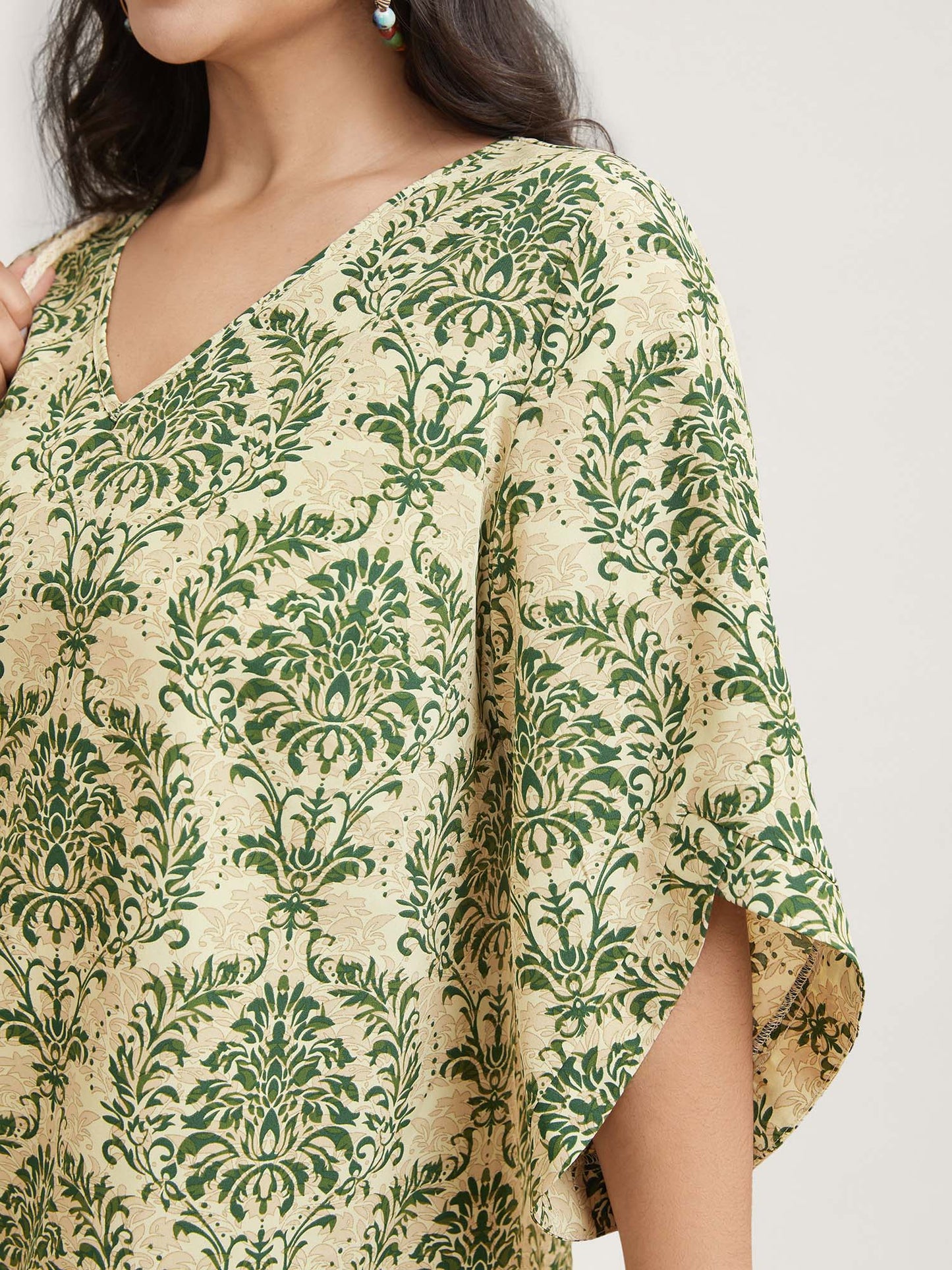 Damask Print Flared Sleeve V-Neck Shirt