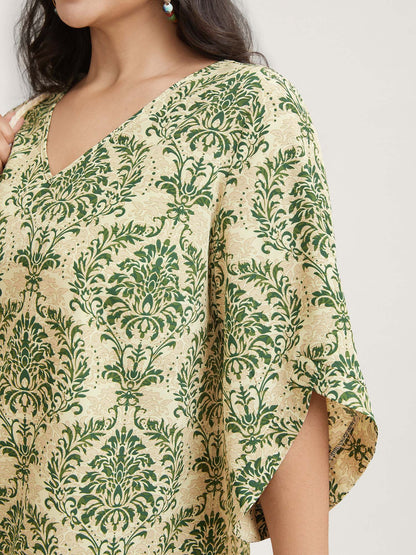 Damask Print Flared Sleeve V-Neck Shirt