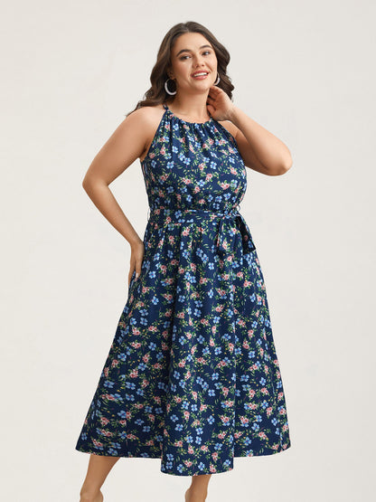 Floral Print Belted Stretchy Waist Midi Dress