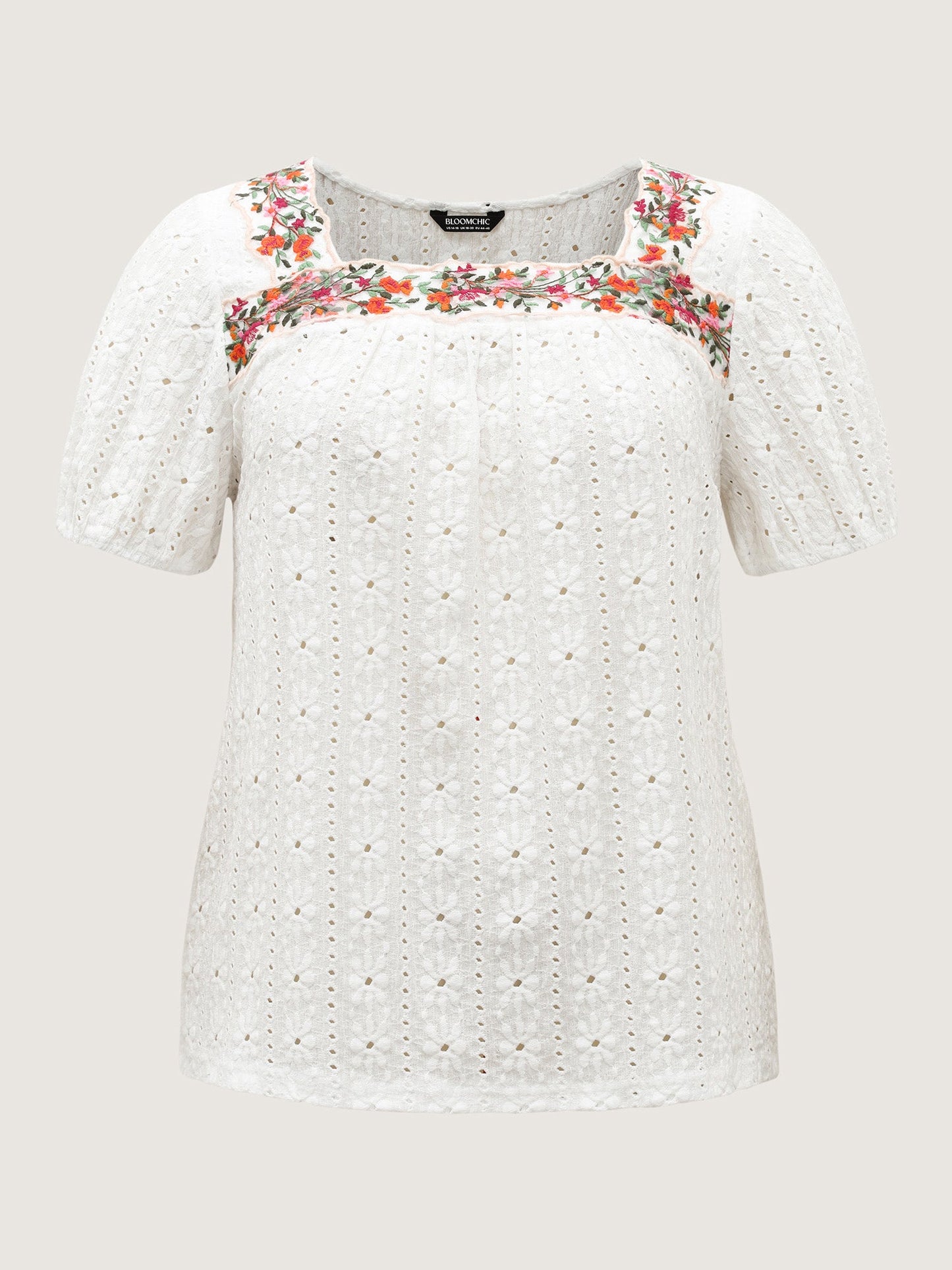 Eyelet Trim Floral Embroidered Solid T-Shirt