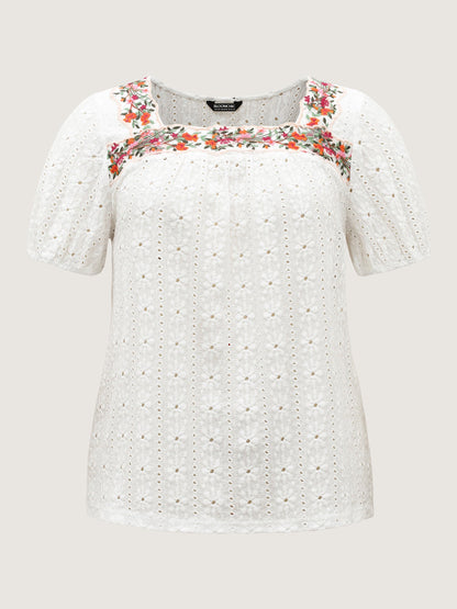 Eyelet Trim Floral Embroidered Solid T-Shirt