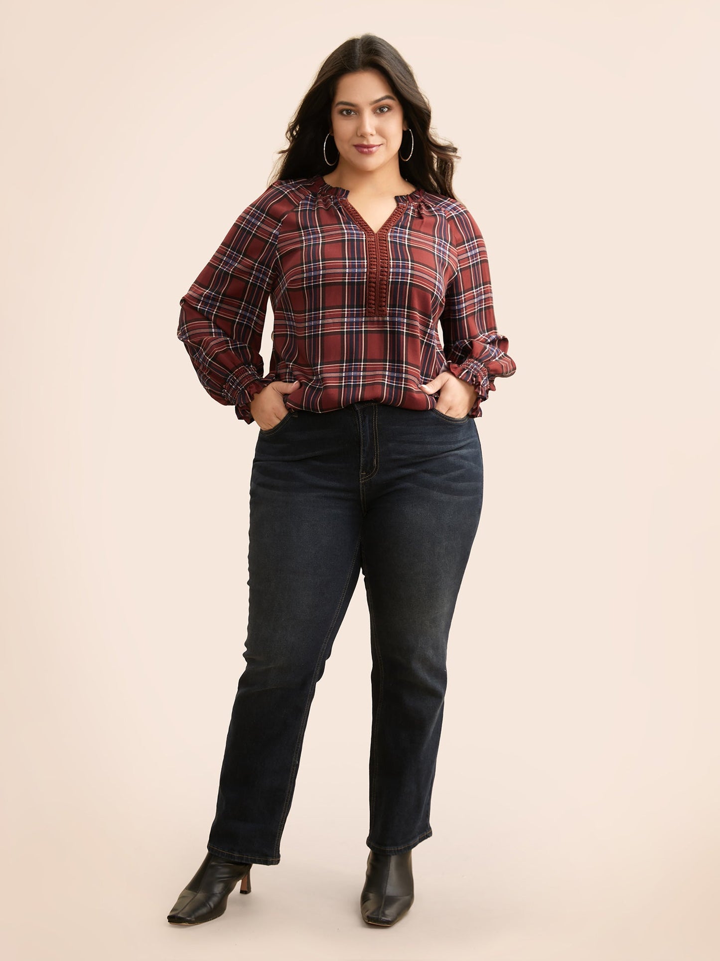 Plaid Contrast Webbing Ruffle Trim Blouse