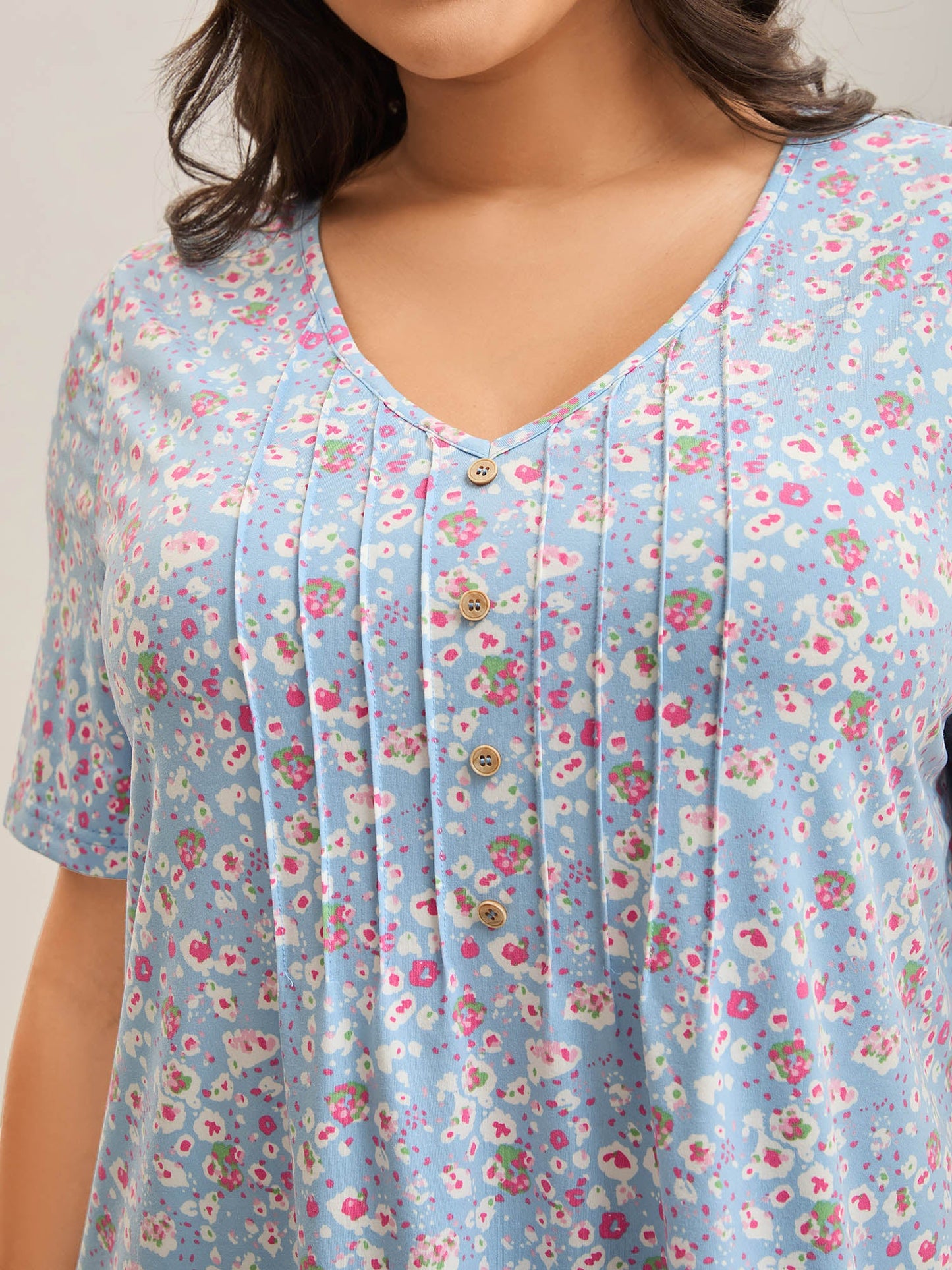 Floral Print Plicated Detail T-Shirt