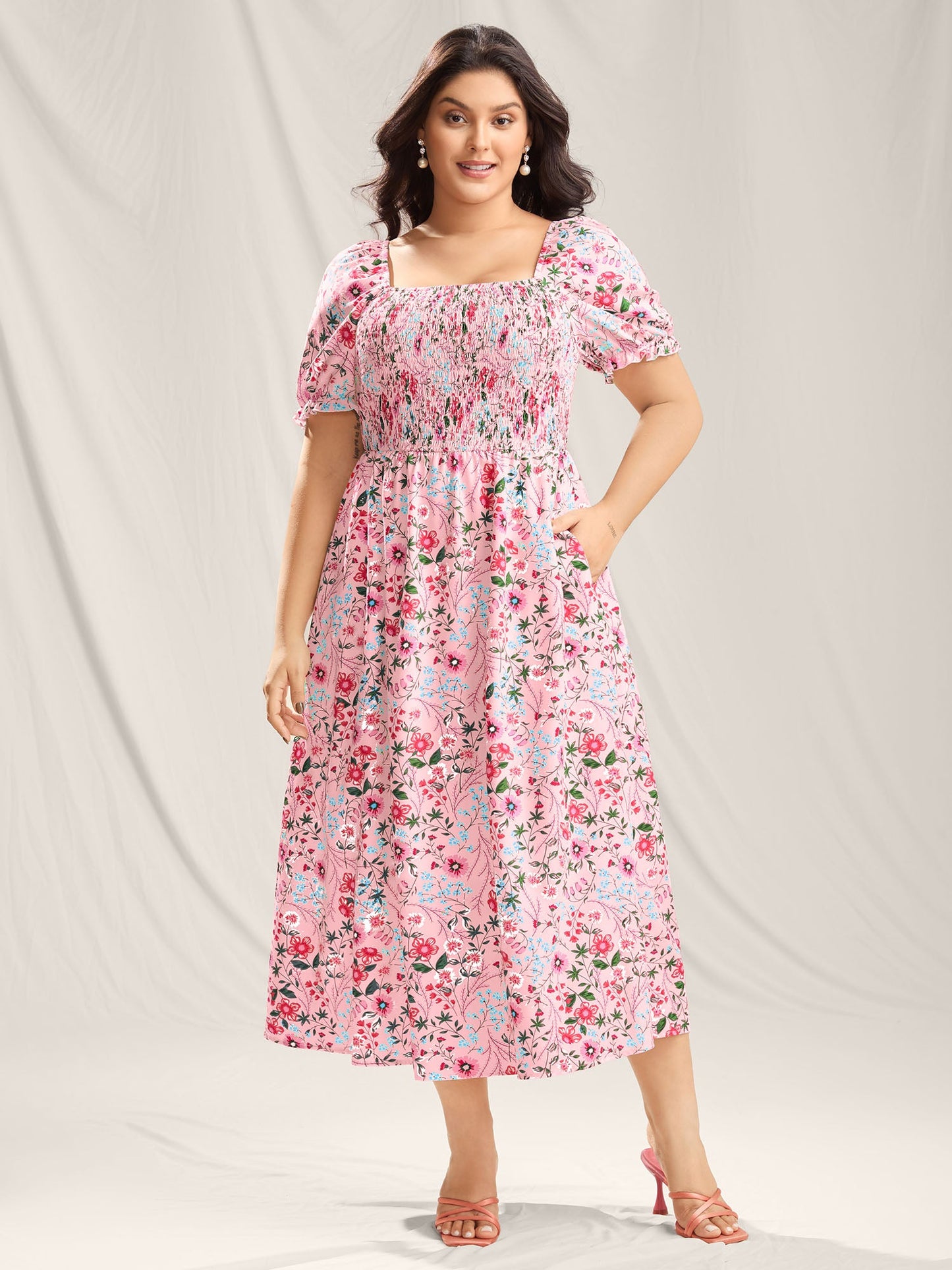 Shirred Floral Print Pockets Maxi Dress