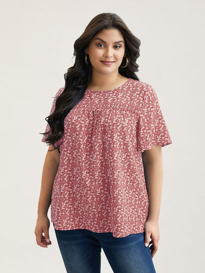 Floral Ruffle Sleeve Gathered Round Neck Blouse