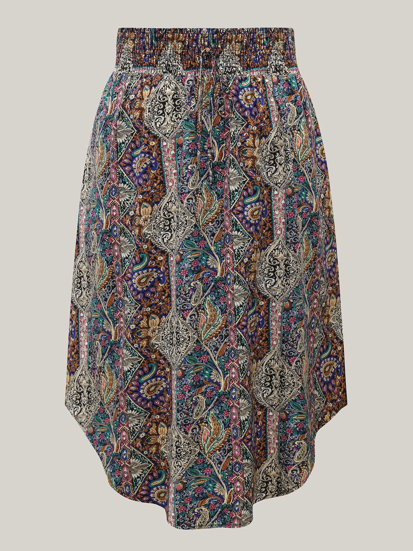 Boho Print Shirred Waist Midi Skirt