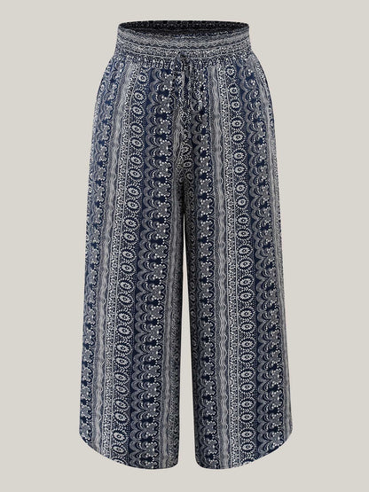 Boho Print Shirred Waist Wide-Leg Pants