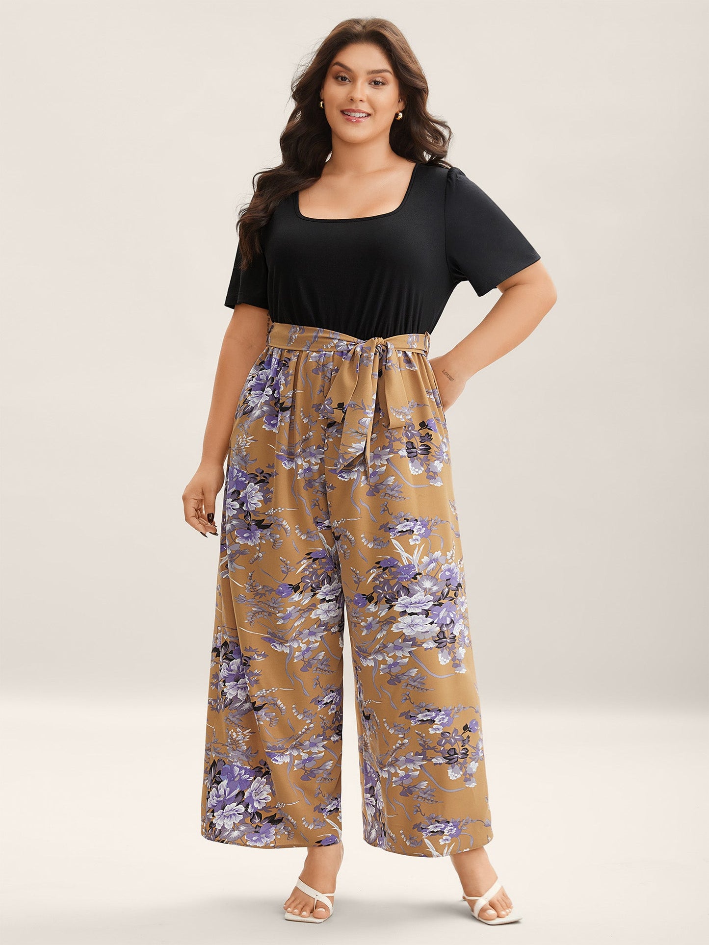 Color Contrast Belted Panel Pockets Jumpsuit