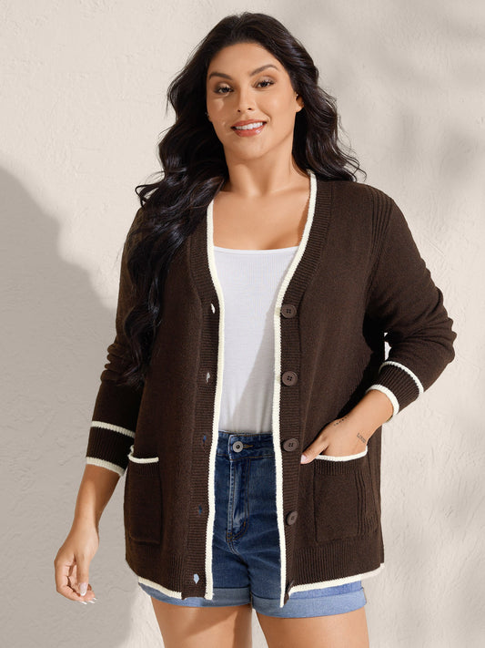 Textured Pocket Color Contrast Knit Cardigan