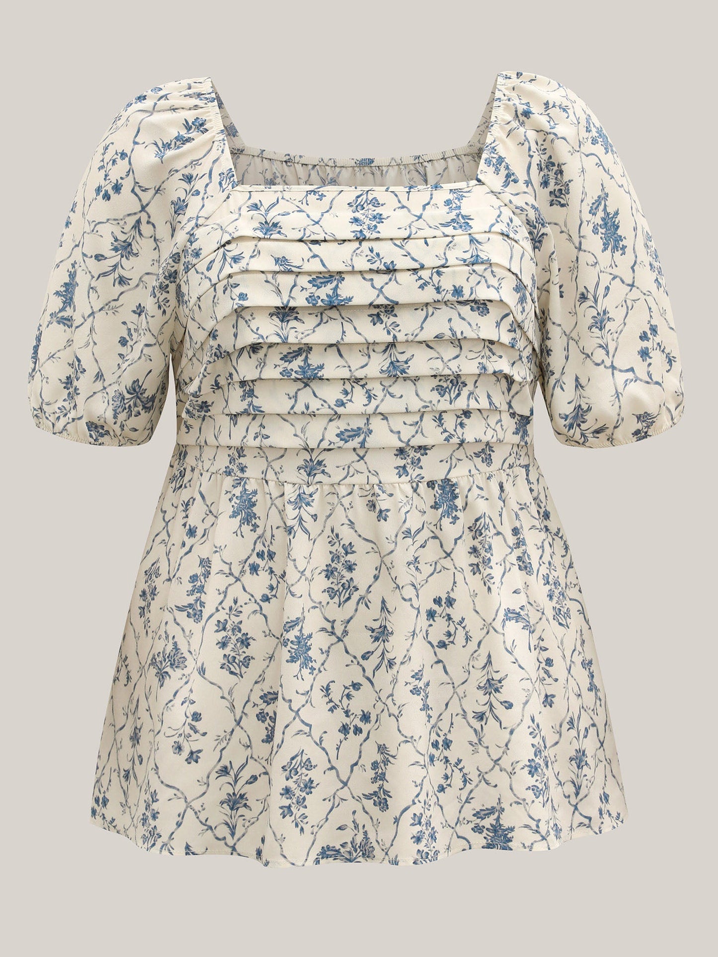 Floral Pleated Bodice Puffy Sleeve Blouse