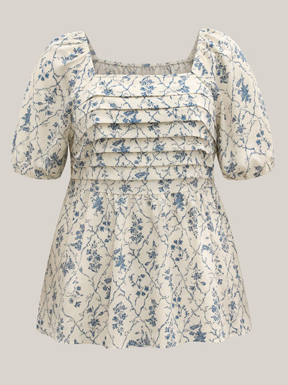 Floral Pleated Bodice Puffy Sleeve Blouse