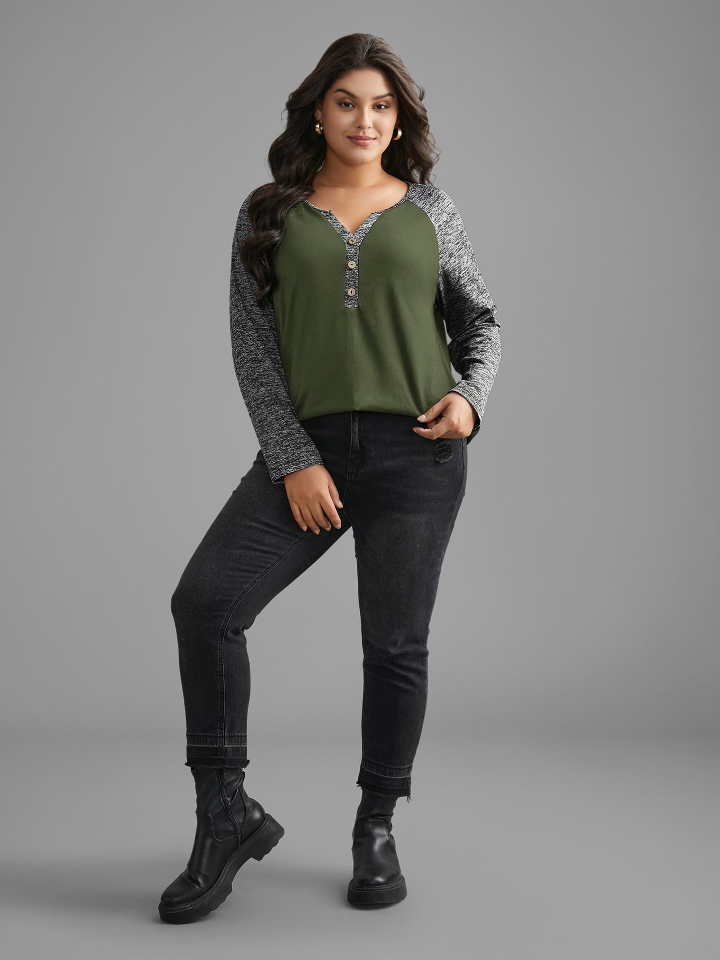 Heather Patchwork Button Detail Stretchy T-Shirt