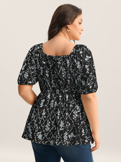 Floral Pleated Bodice Puffy Sleeve Blouse