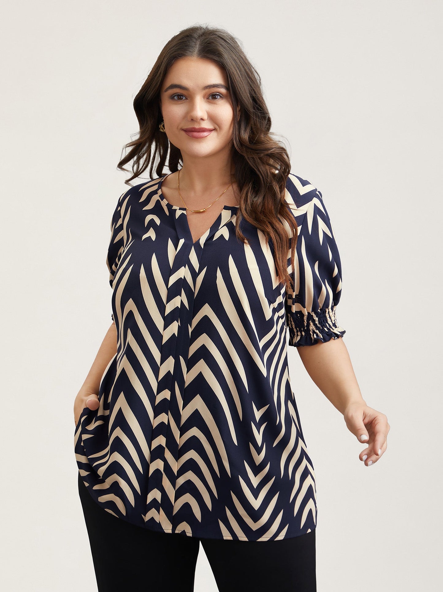 Geometric Print Ruffled Shirred Shirt