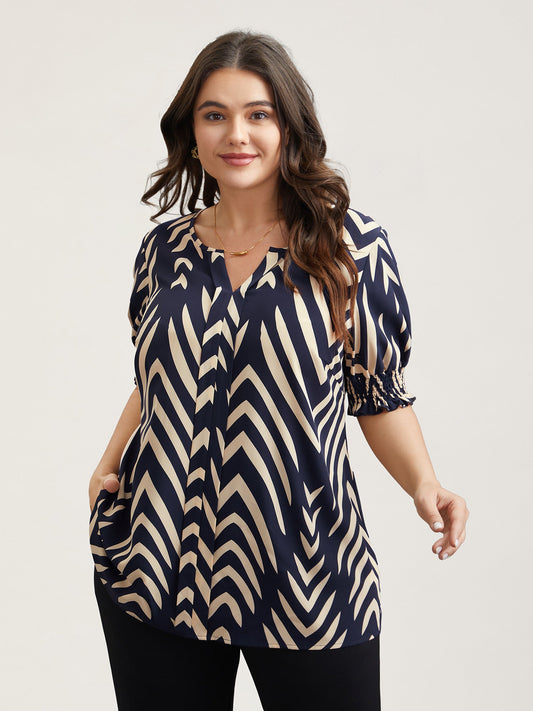 Geometric Print Ruffled Shirred Shirt