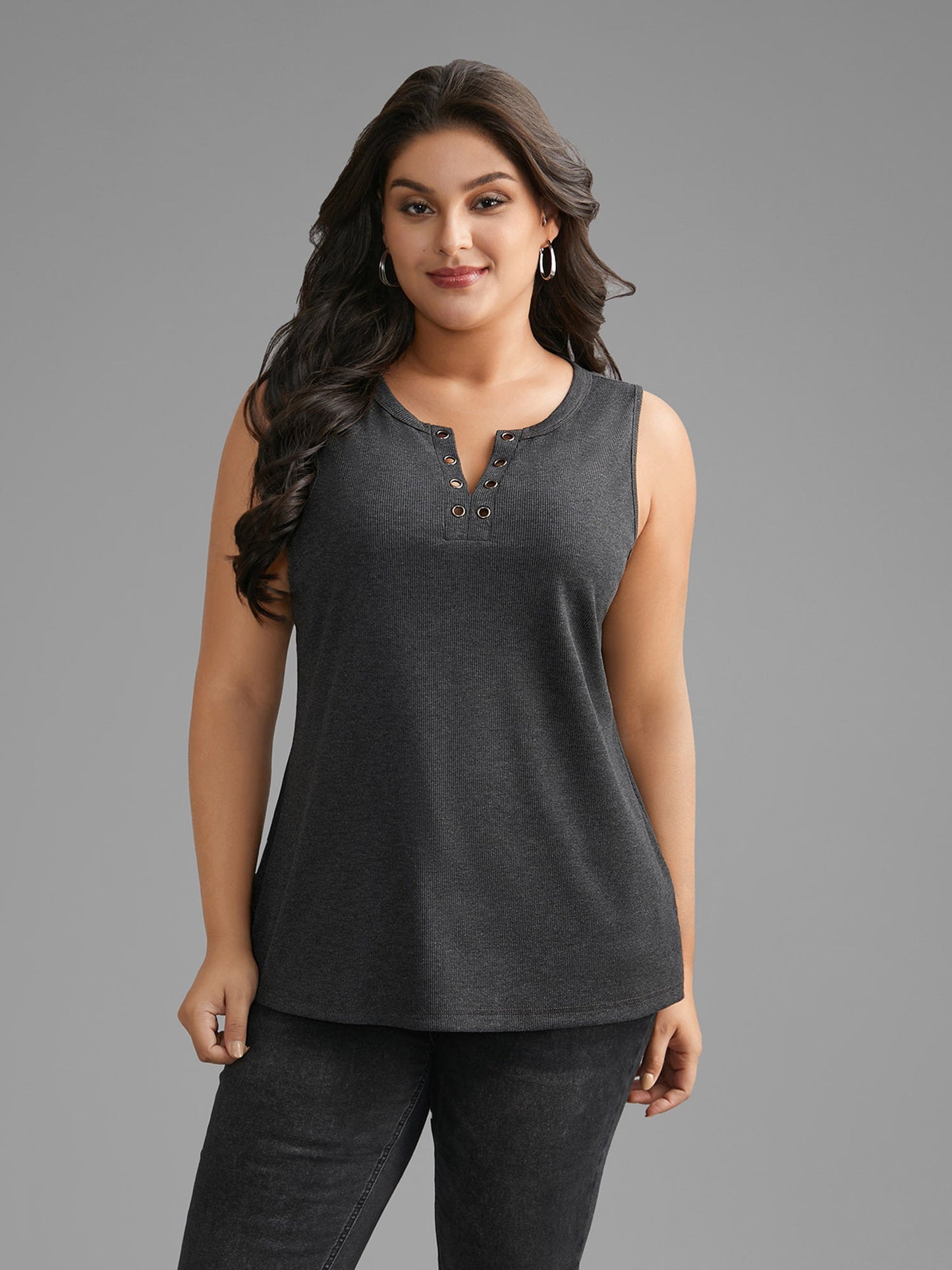 Notched Collar Eyelet Tank Top