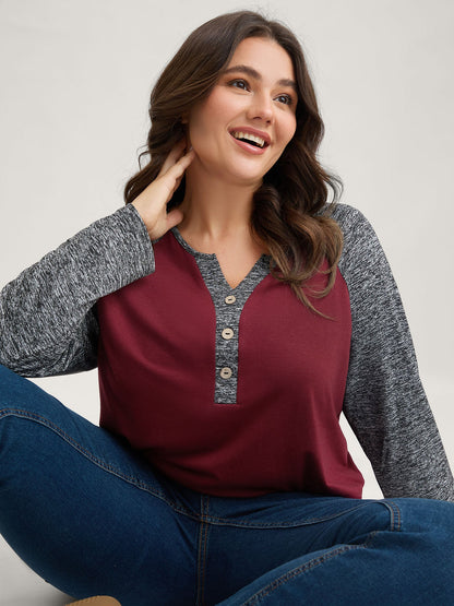 Heather Patchwork Button Detail Stretchy T-Shirt