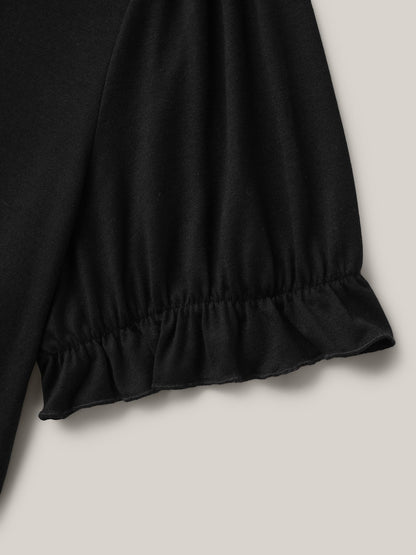 Embroidered V-Neck Puff Sleeve Plain Top