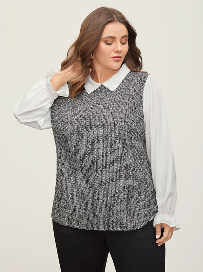 Tweed Patchwork Lantern Sleeve Blouse