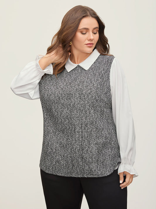 Tweed Patchwork Lantern Sleeve Blouse