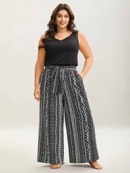 Waist-Tie Wide-Leg Boho Print Pants