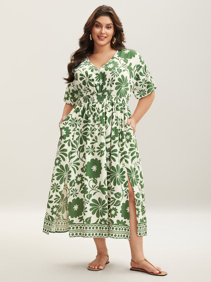Large Floral Print Pockets Midi Dress