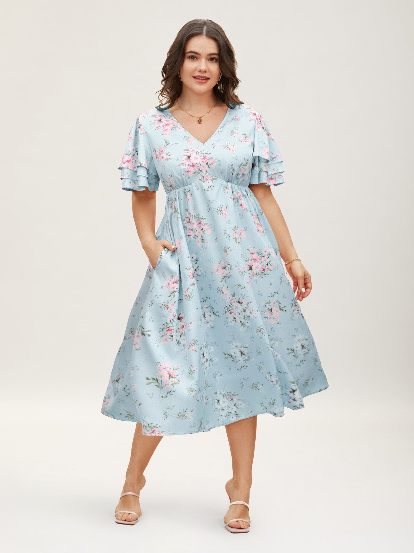 Floral Elastic Waist Tiered Ruffle Sleeve Dress