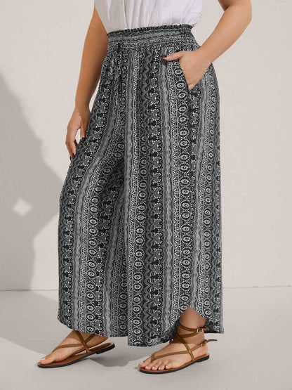 Boho Print Shirred Waist Wide-Leg Pants
