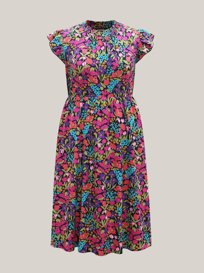 Floral Print Shirred Pockets Midi Dress