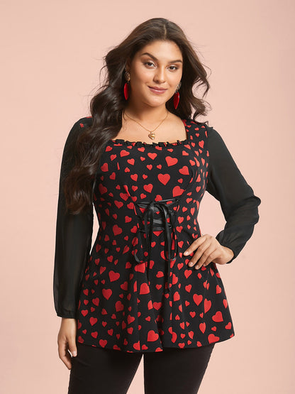 Heart Print Patchwork Waist-Tie Blouse