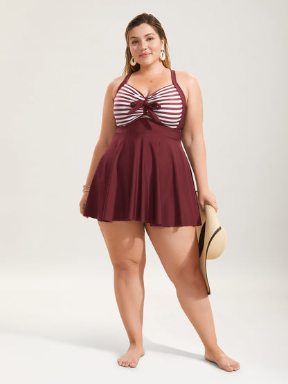 Stripes Patchwork Tie Knot Cross Straps Swim Dress