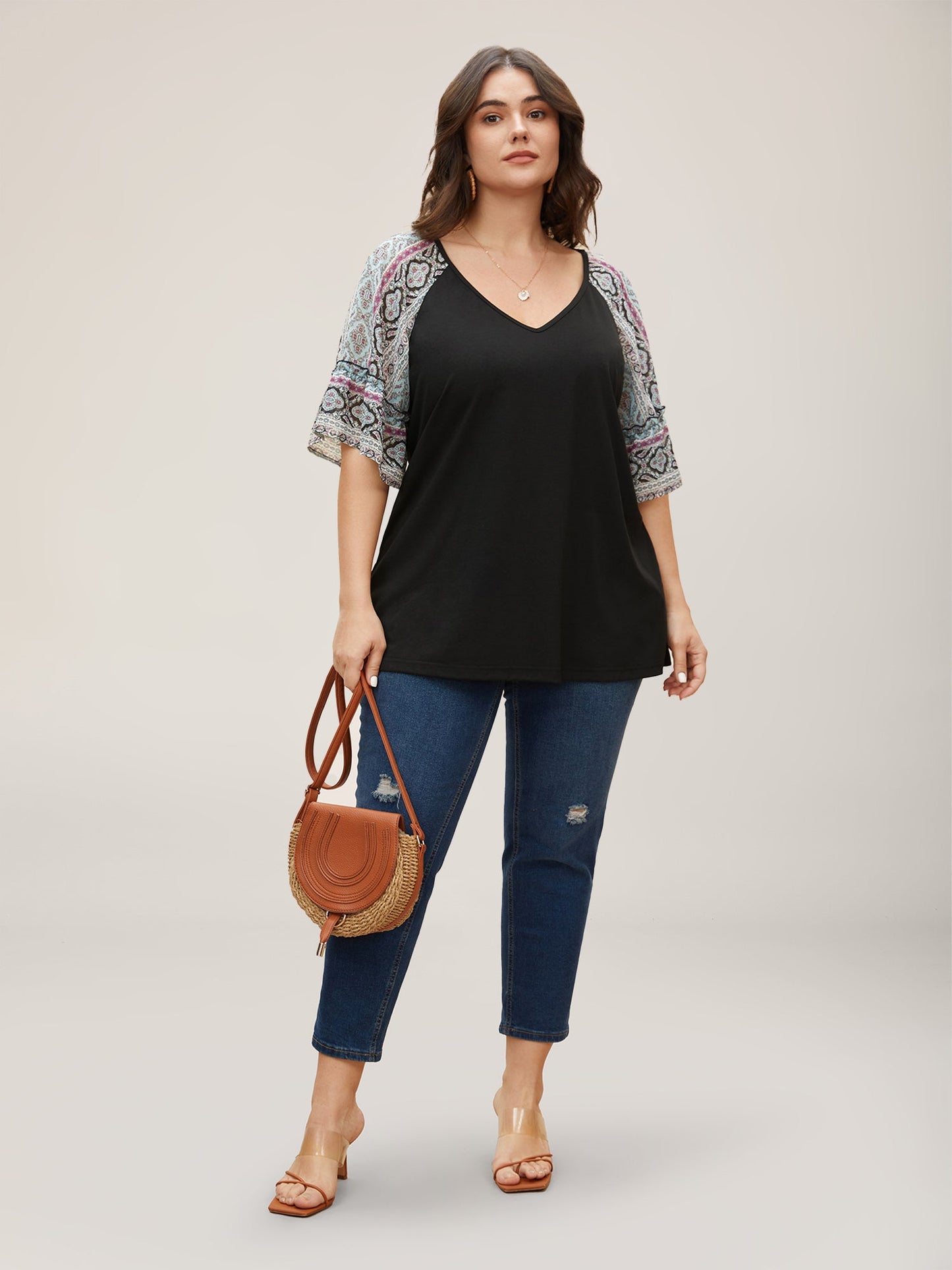 Boho Print Patchwork Raglan Sleeve T-shirt