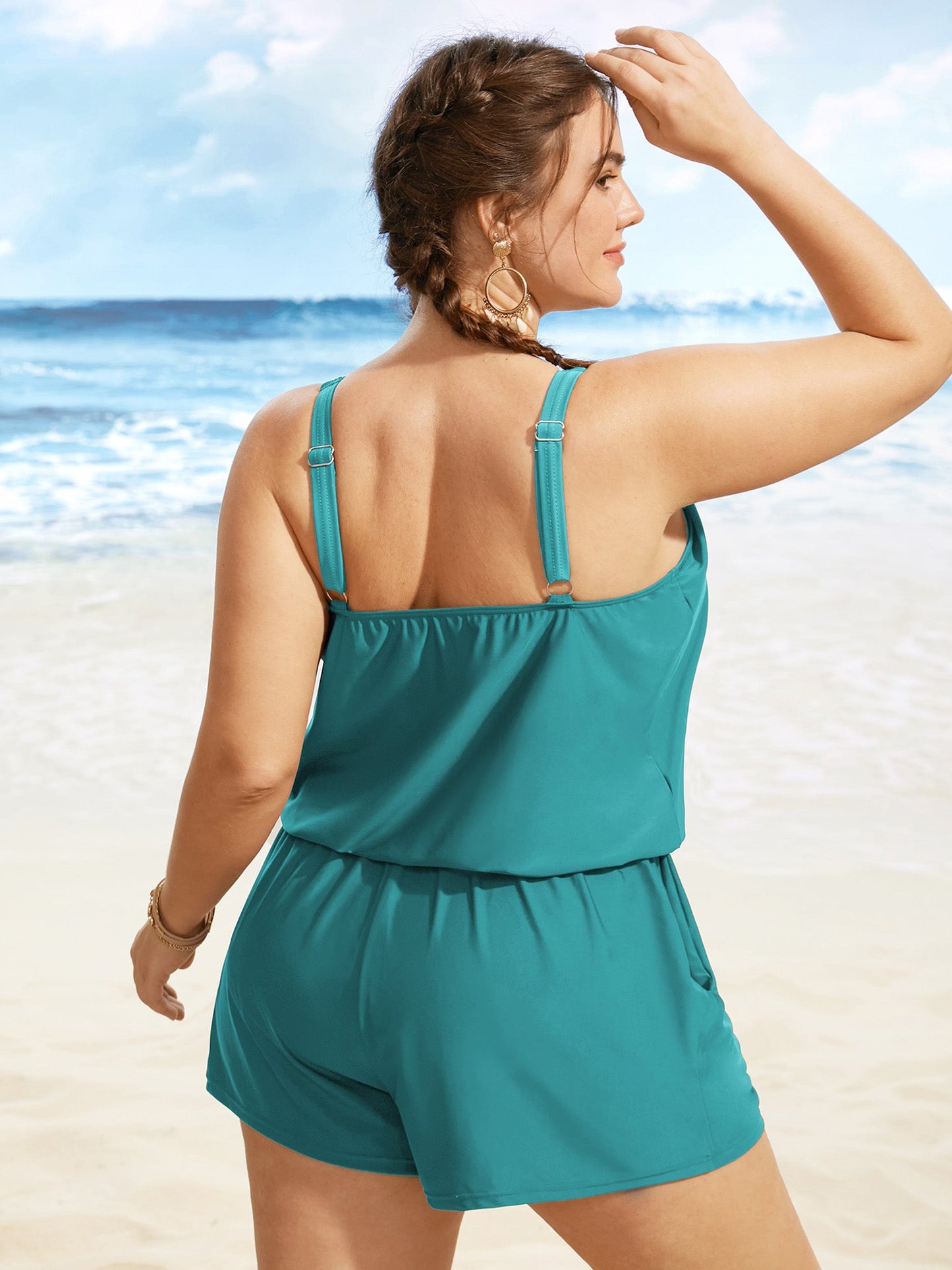 Solid Keyhole Elastic Waist Gathered One Piece Swimsuit