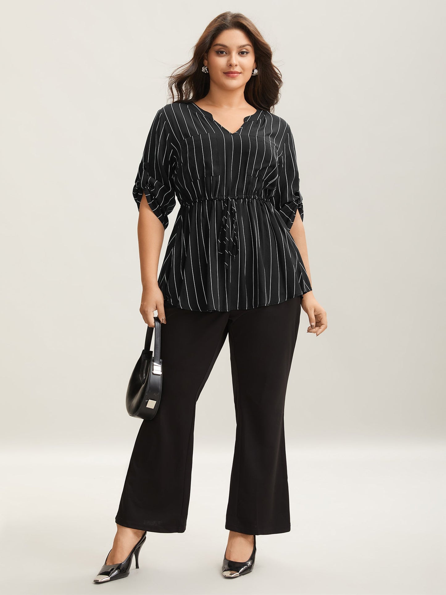 Striped Waist-Tie Pockets Blouse