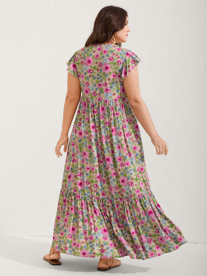 Sweet Floral Lace Trim Tiered Maxi Dress