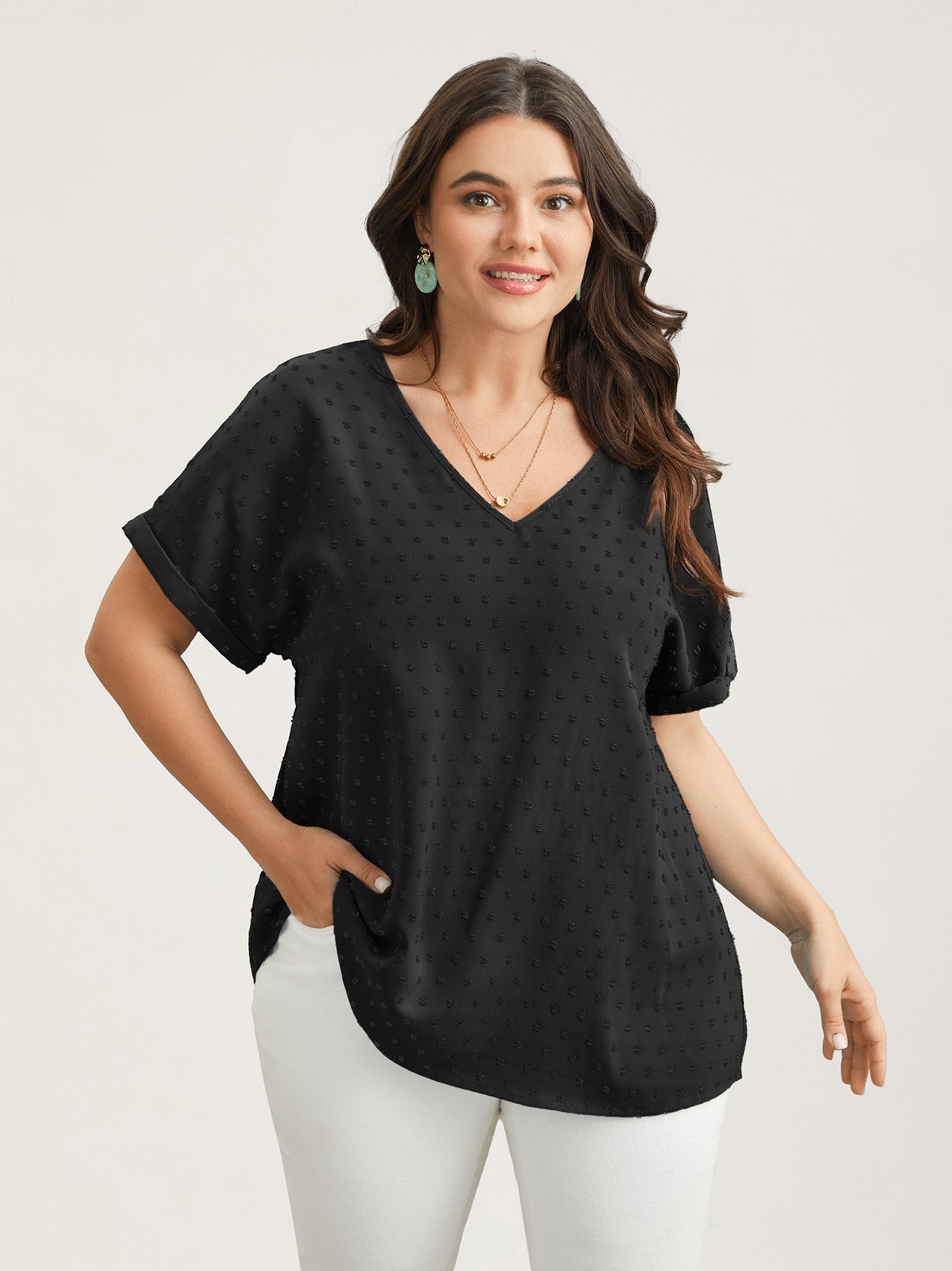 Back-Button Textured V-Neck Shirt
