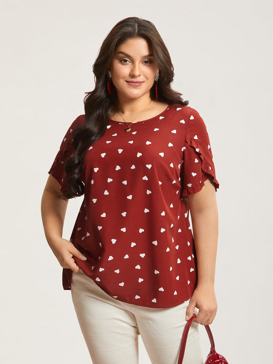 Ruffled Overlap Sleeve Heart Pattern Blouse