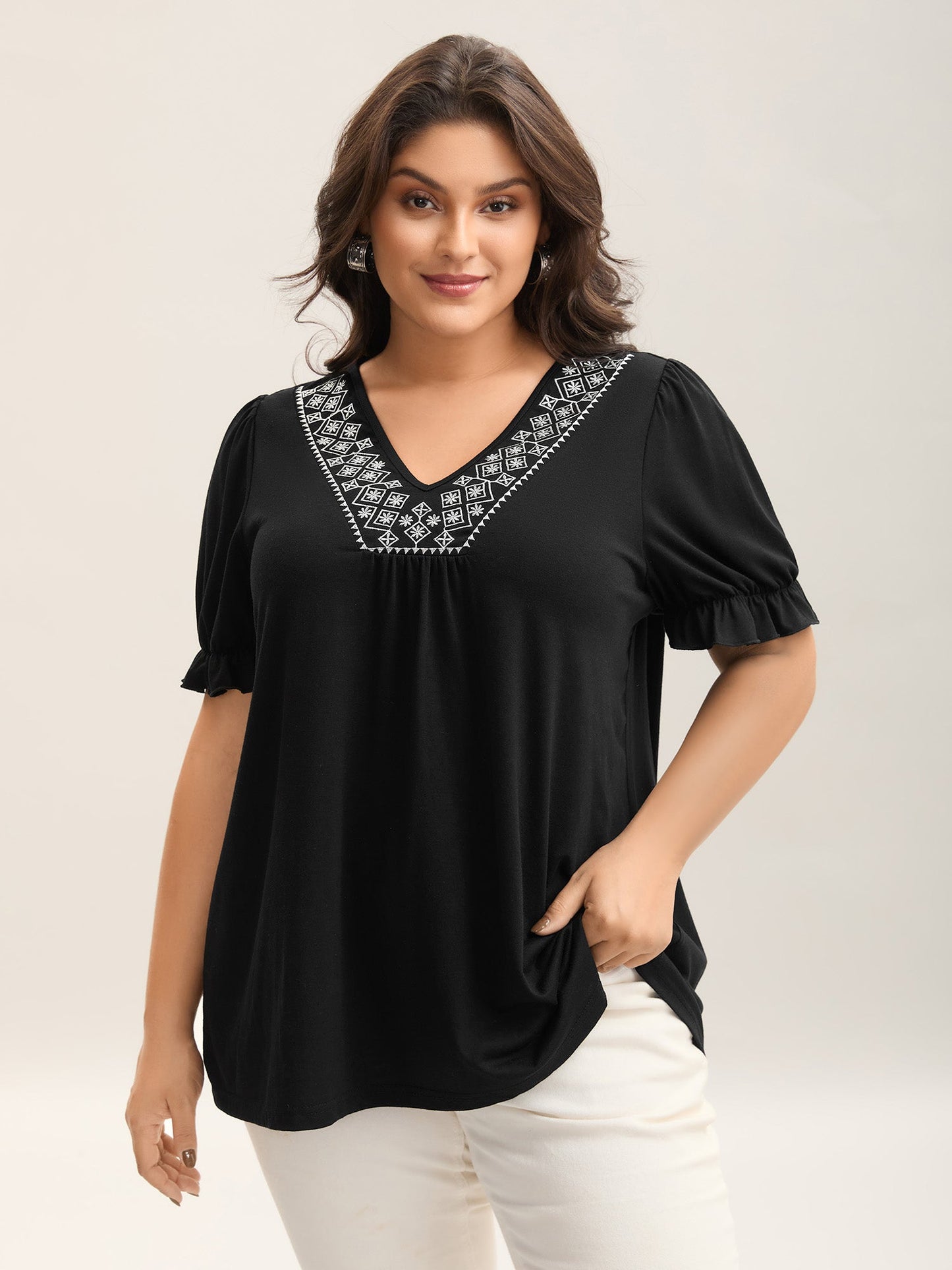 Embroidered V-Neck Puff Sleeve Plain Top