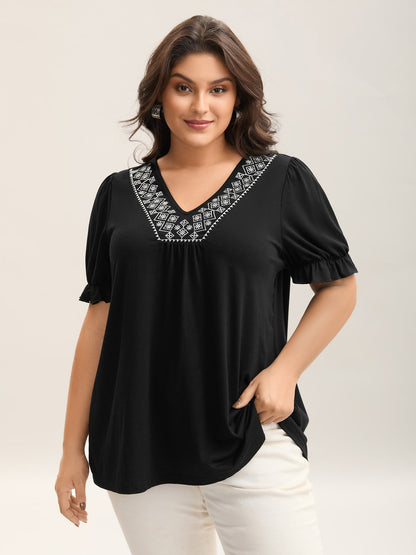 Embroidered V-Neck Puff Sleeve Plain Top