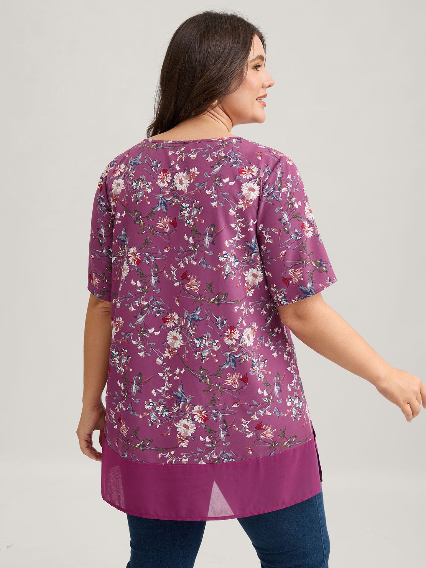 Garden Print Spliced V-Neck Blouse