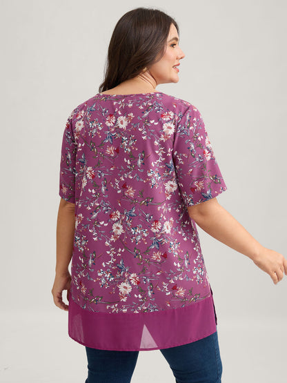 Garden Print Spliced V-Neck Blouse