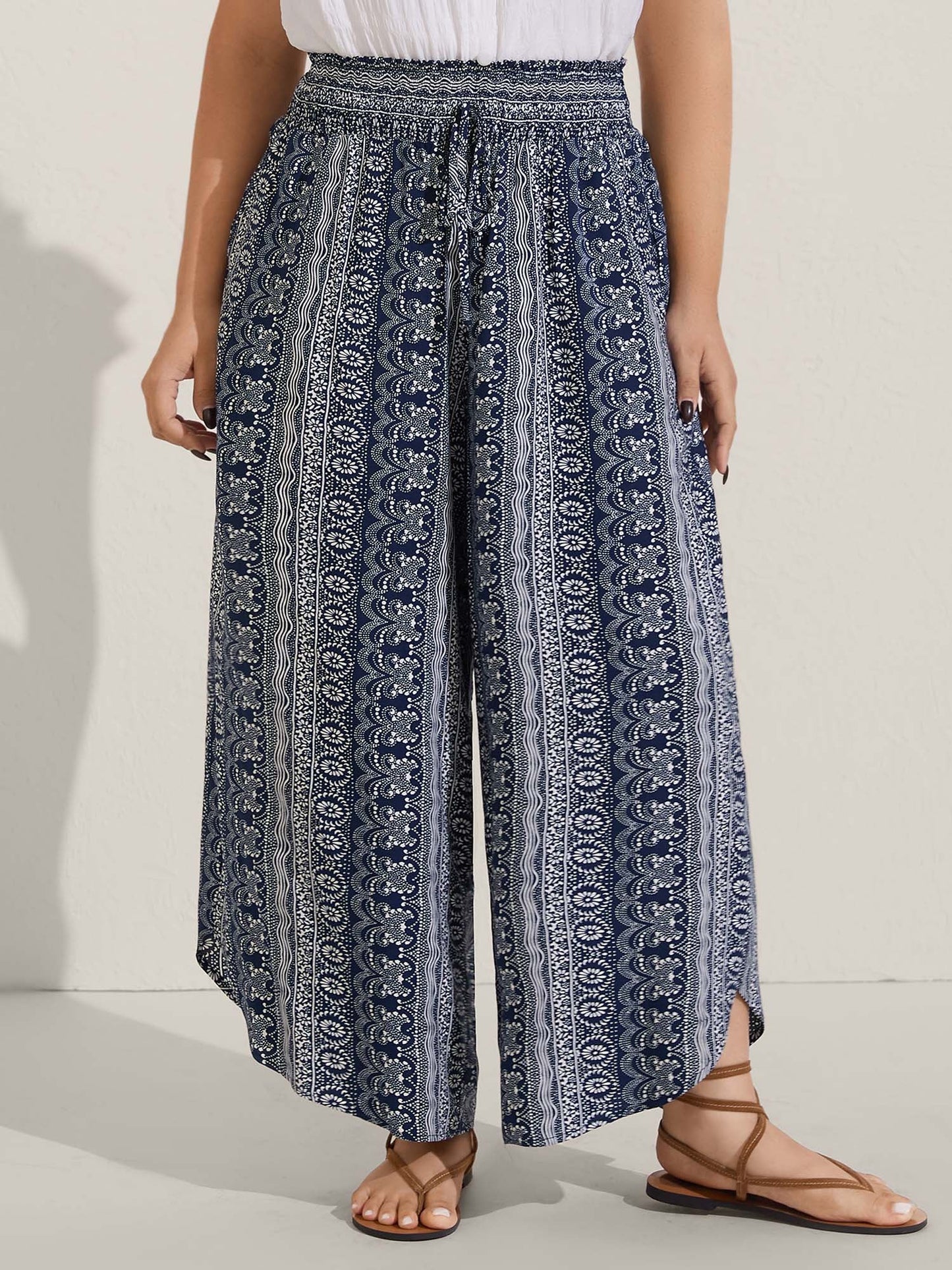 Boho Print Shirred Waist Wide-Leg Pants
