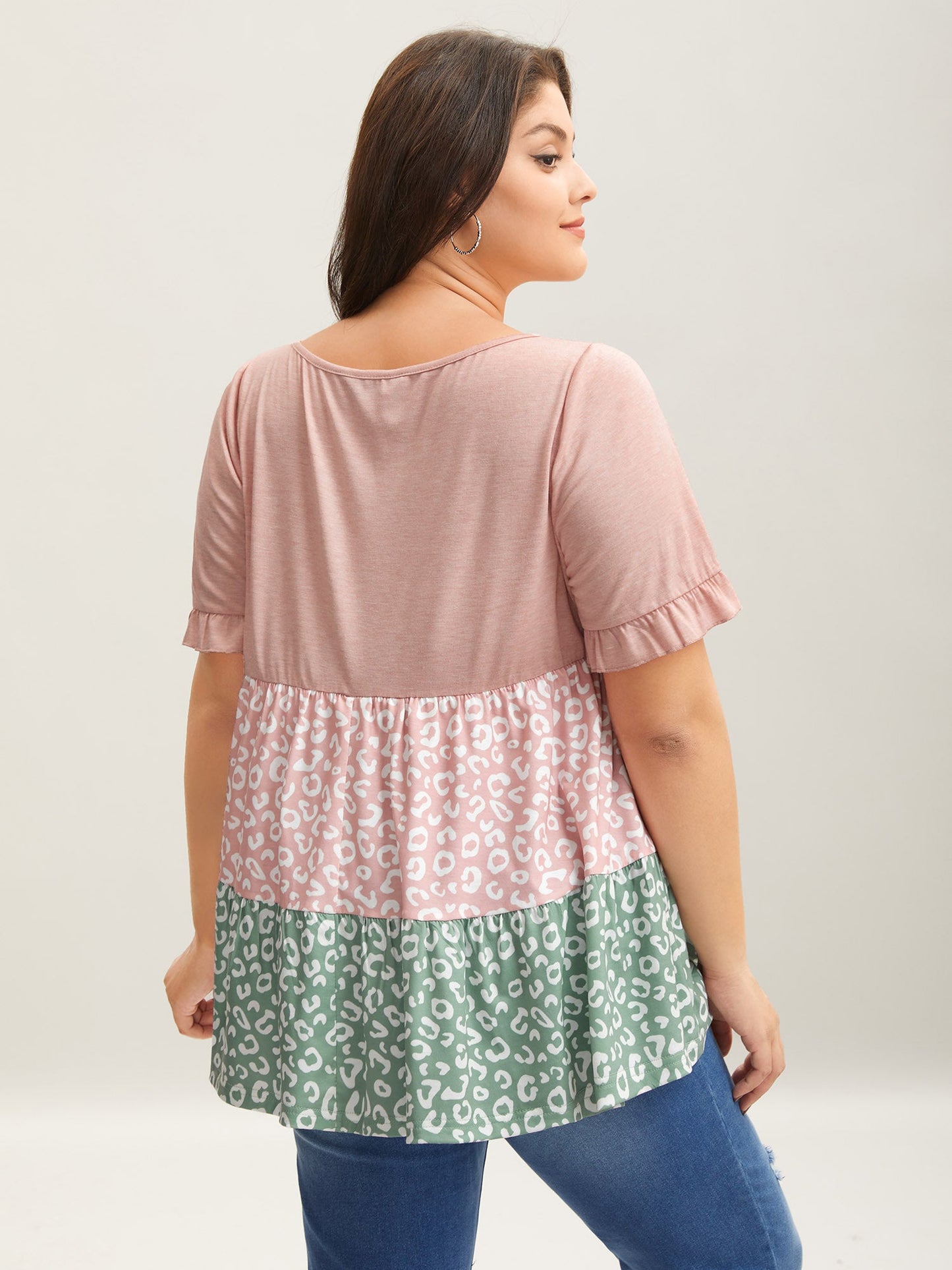 Spliced Printed Tiered Ruffled Sleeve T-Shirt